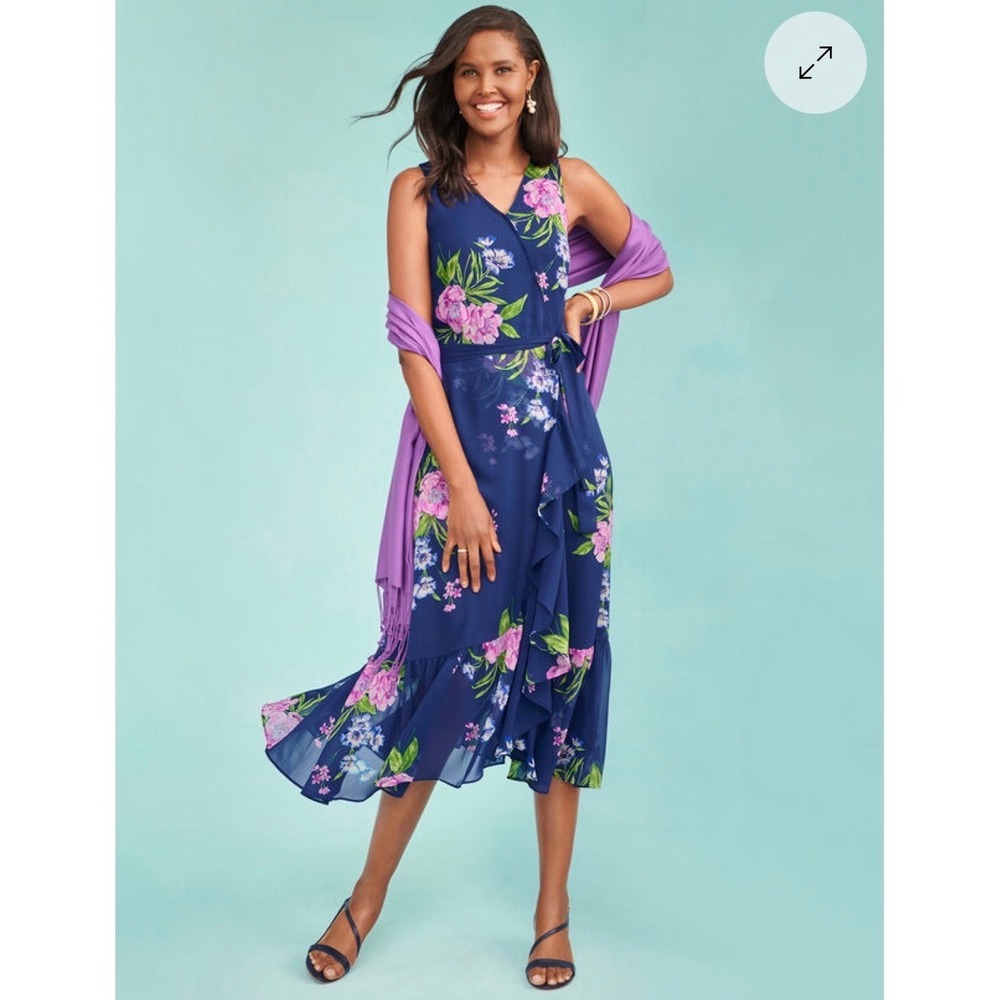 Talbots Georgette Painterly Navy Blue Floral Faux Wrap Ruffle Midi Dress Size 16